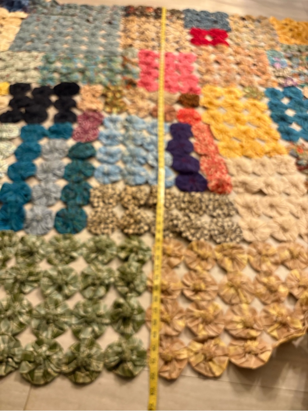 Handmade Multicolor Yo-Yo Quilt Bedspread - Assorted Pastel and Bright Squares
